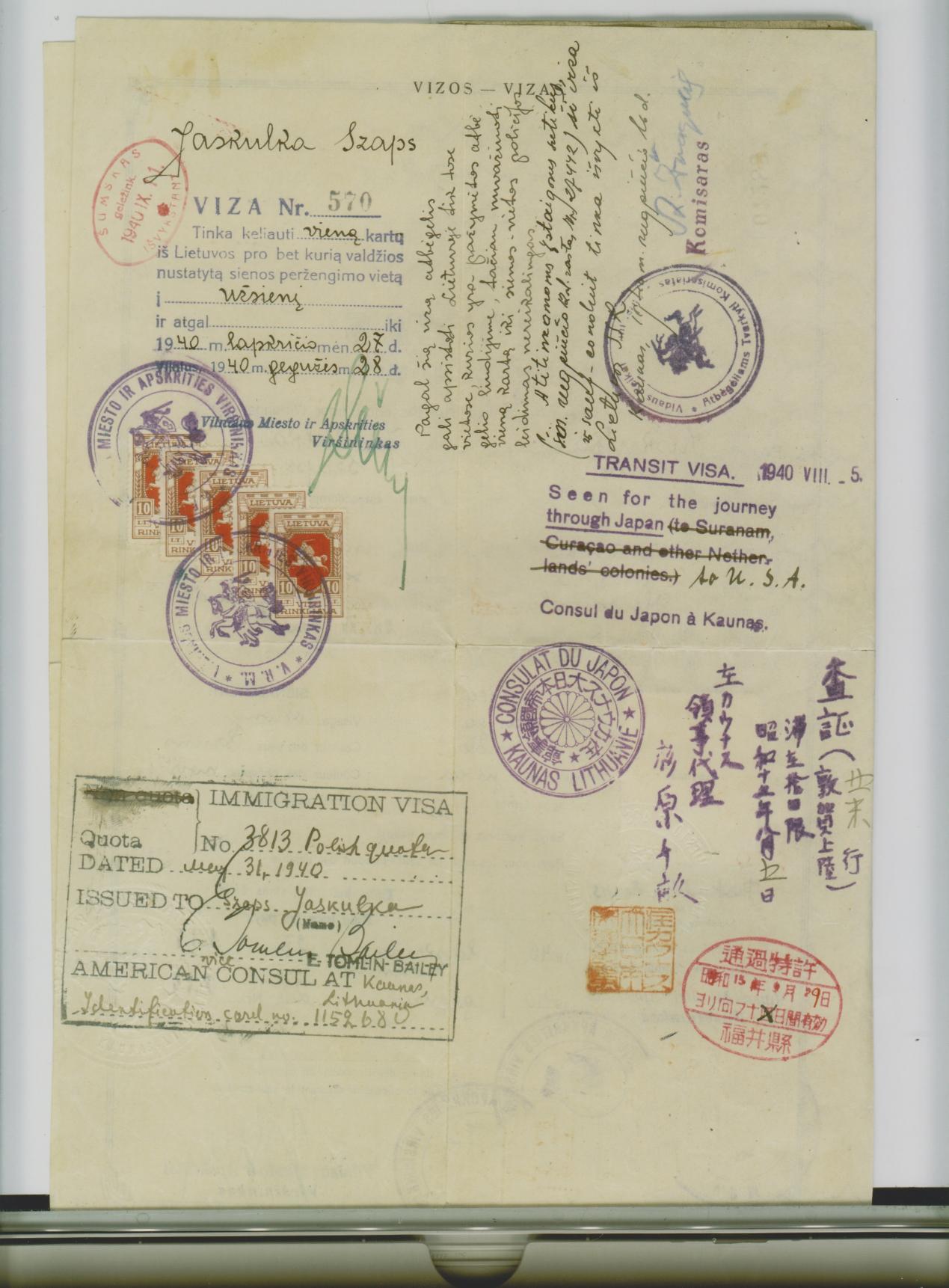 Leidimas of Szaps Jaskolka: Sugihara transit visa of 5 August 1940 with the Curaçao formula crossed out and 'to U.S.A.' written by hand